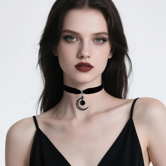 Gothic Moon Jewelry Set Black Velvet Necklace Earrings Costume Accessory - Picture 4 of 7